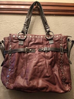 Danier Genuine Leather Studded Shoulder Bag Burgundy Brown Satchel Purse
